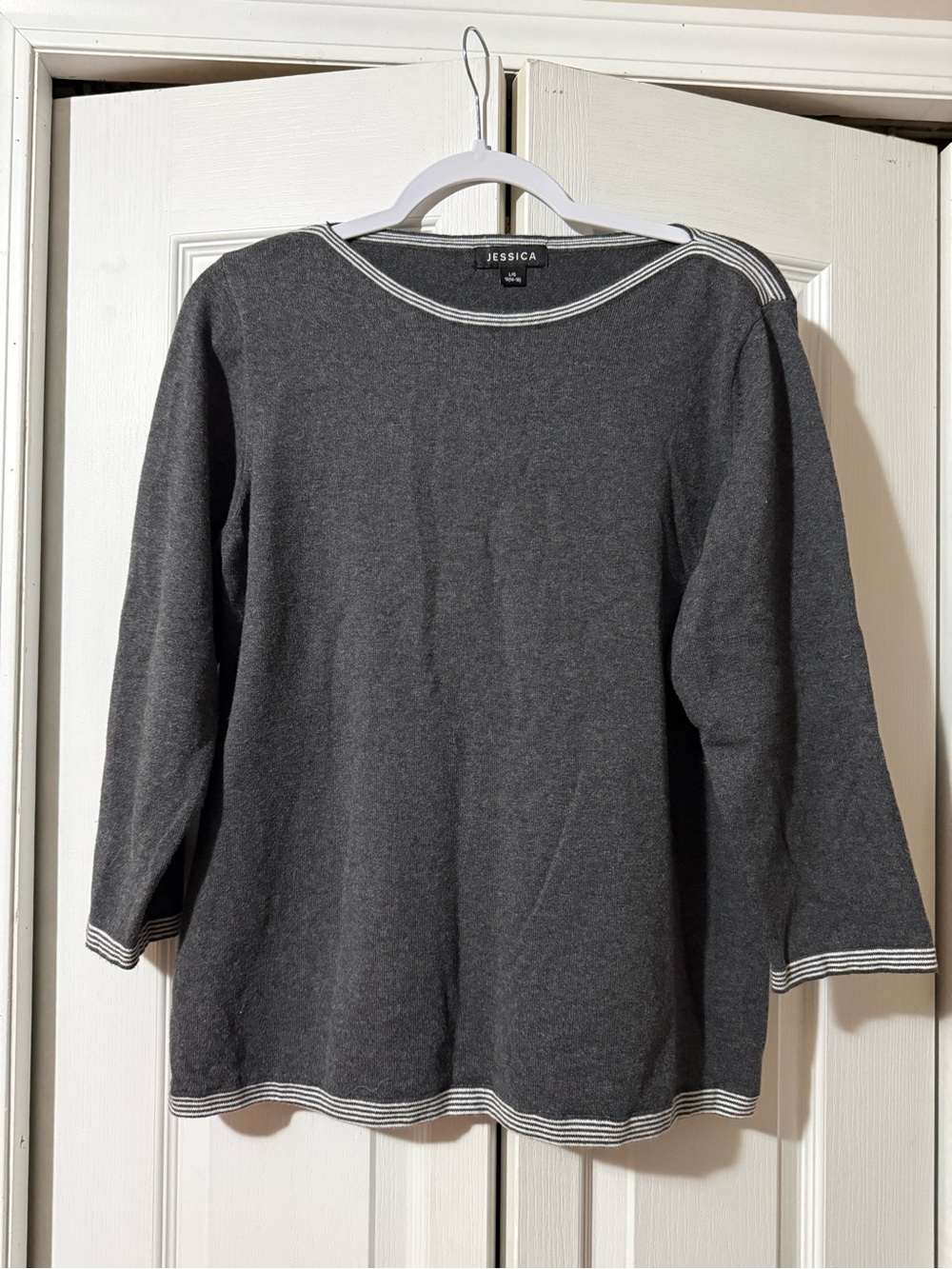 Vintage Jessica Charcoal Gray Boatneck Sweater with White Trim - L 14-16